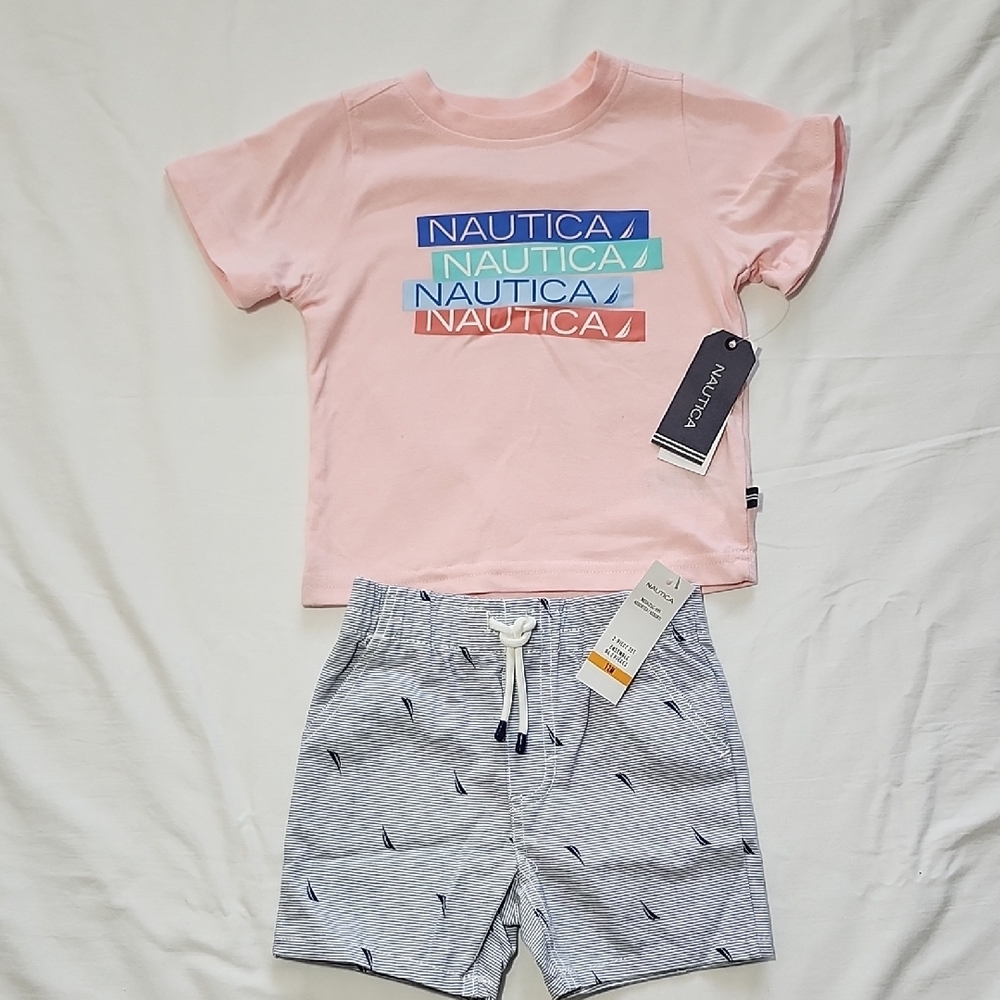 Nautica Baby Pink Tee and Striped Shorts Set